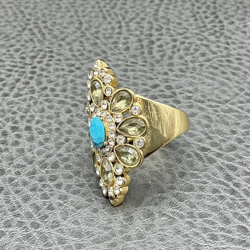 Ring Size 8 Gold Tone Turquoise Rhinestone Cocktail Statement‎ Teardrop Costume